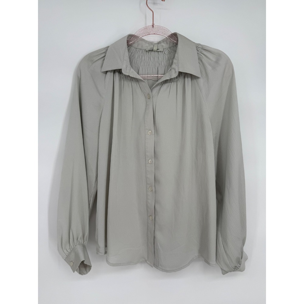 Max Studio Womens Sage Grey Smocked Yoke Textured Button Down Blouse Sz M